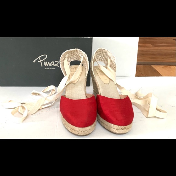 Gorgeous red silk espadrilles lightweight tie-up wedges Sandals shoes US size 10 - Picture 2 of 6